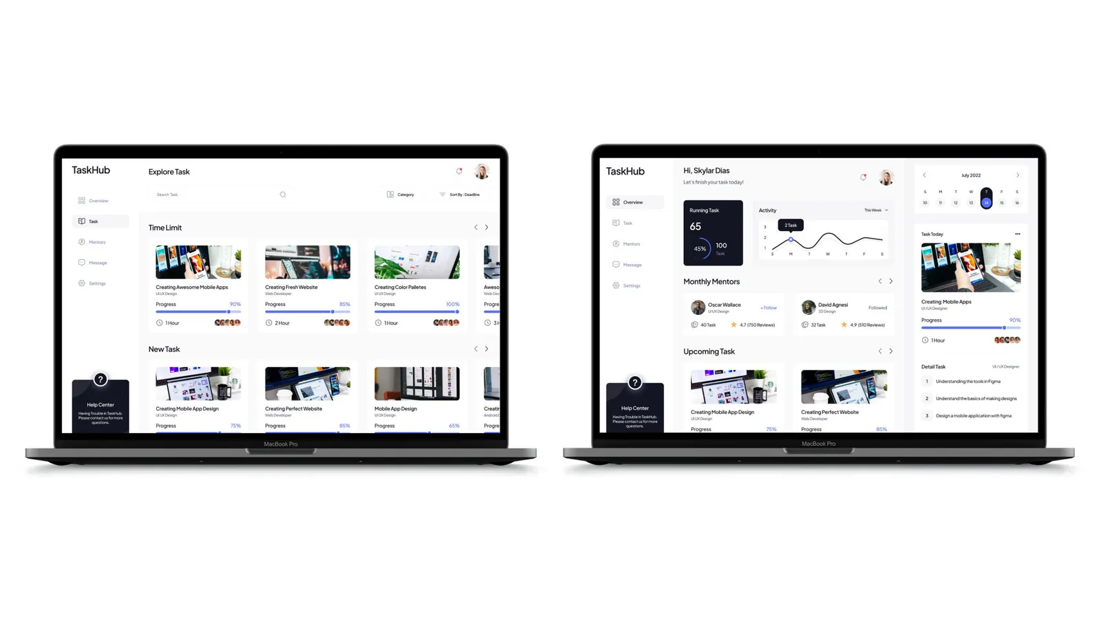 Task Hub: el explorador de tareas y el panel mostrados en dos laptops