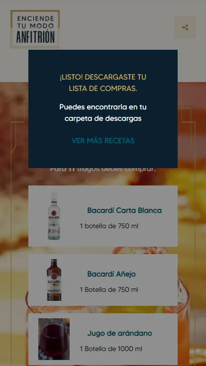 Mix Perfecto: una pantalla de confirmación después de descargar la lista de compras