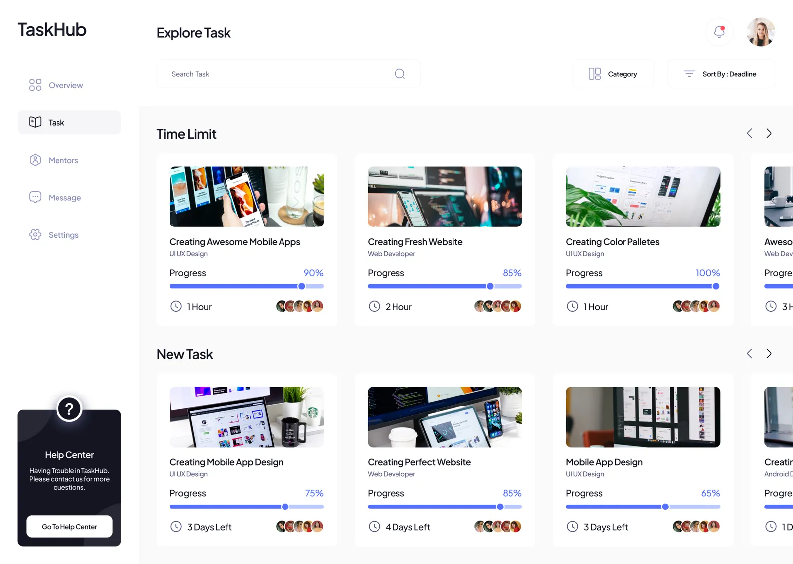 Task Hub: el explorador de tareas con tarjetas, barras de progreso y fechas límite