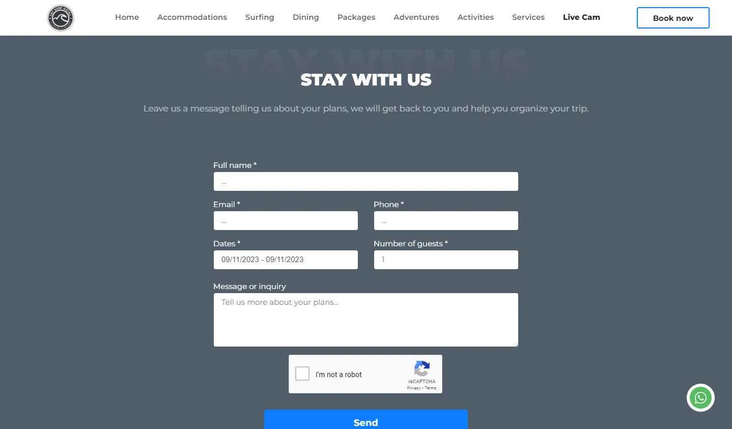 AST Surf Resort: un formulario de consulta de reserva para hospedarse en el resort