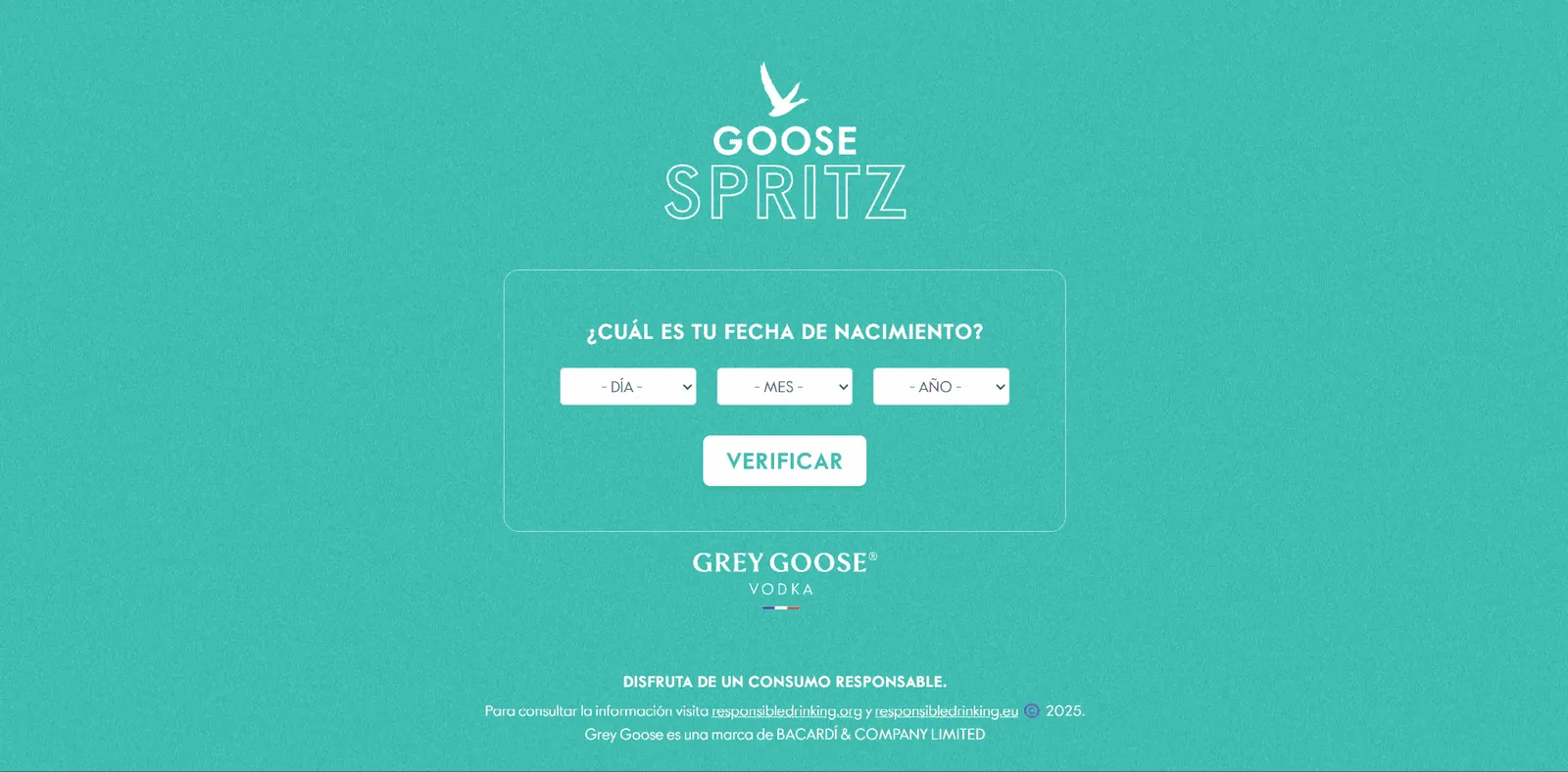 Goose Spritz: la pantalla de verificación de edad frente al logo de Grey Goose