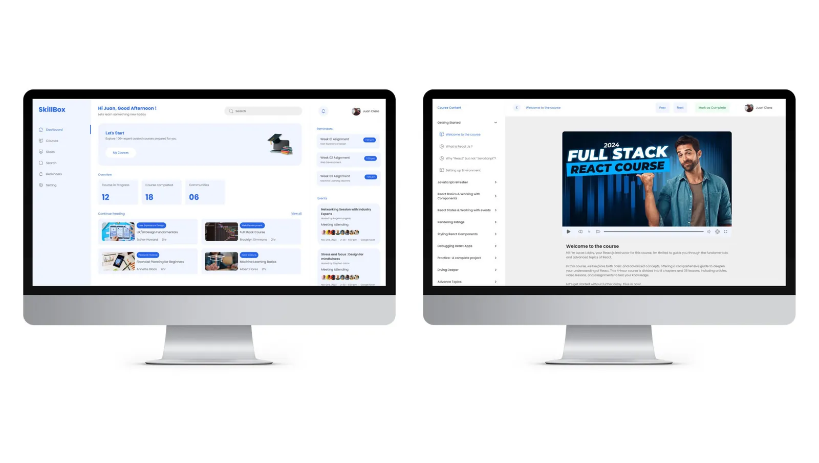Skillbox: el panel y una lección en video mostrados lado a lado en dos pantallas