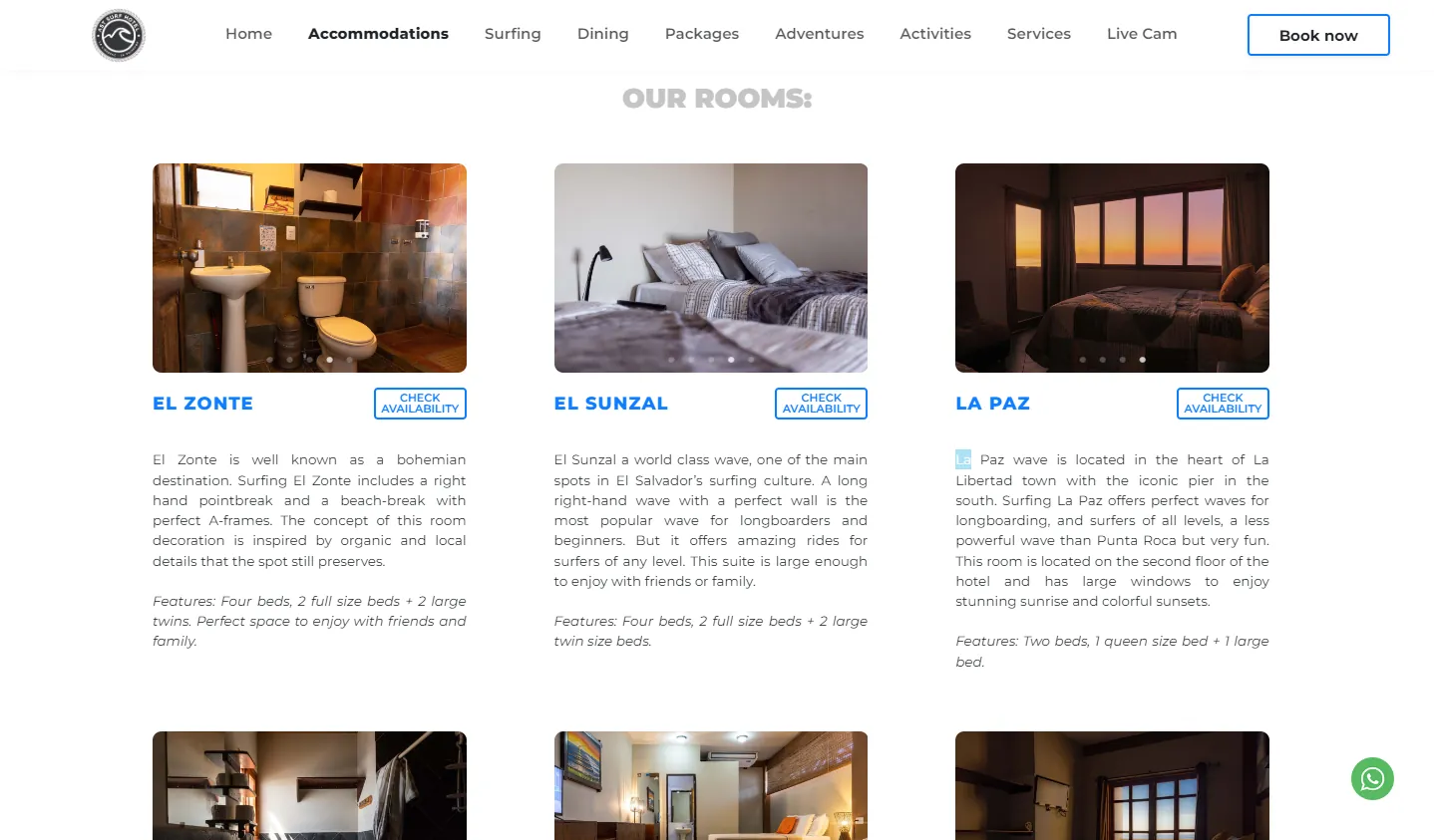 AST Surf Resort: una cuadrícula de habitaciones con nombres de spots de surf cercanos