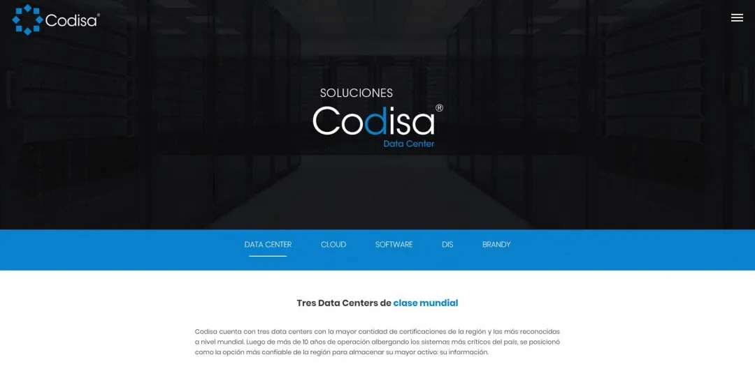 Codisa: la página de soluciones de centro de datos con pestañas para nube, software y otros servicios