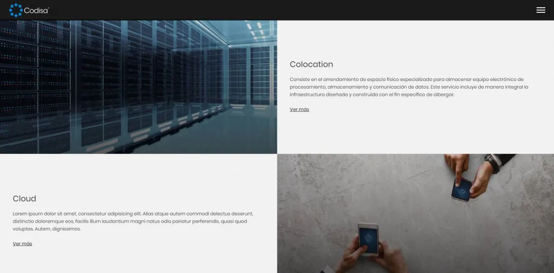 Codisa: un diseño de dos columnas que describe los servicios de colocation y nube