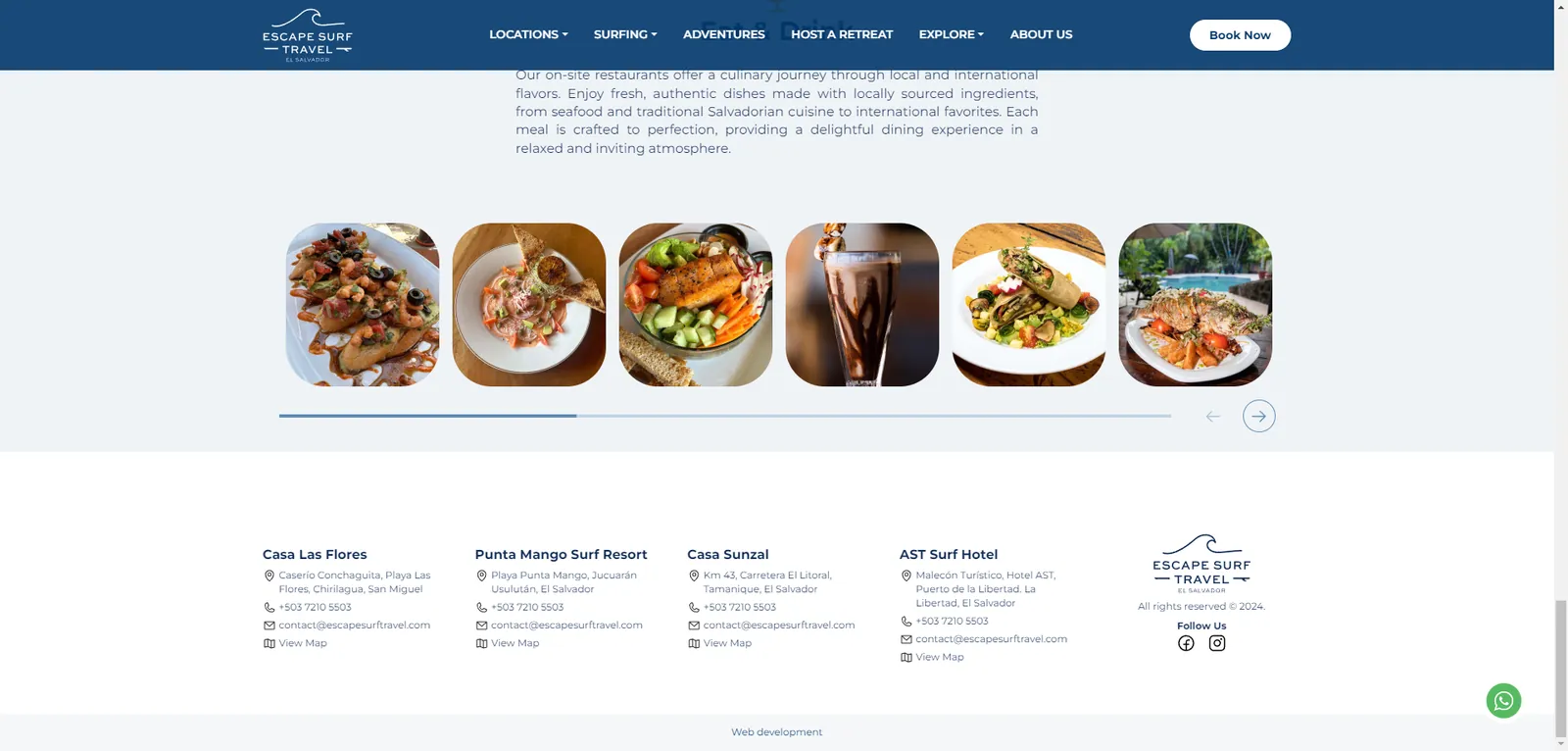 Escape Surf Travel: una fila de platillos del restaurante sobre el pie de página con cada propiedad