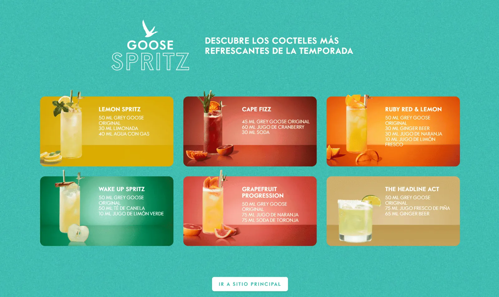 Goose Spritz: una cuadrícula de seis recetas de cócteles con Grey Goose y sus ingredientes