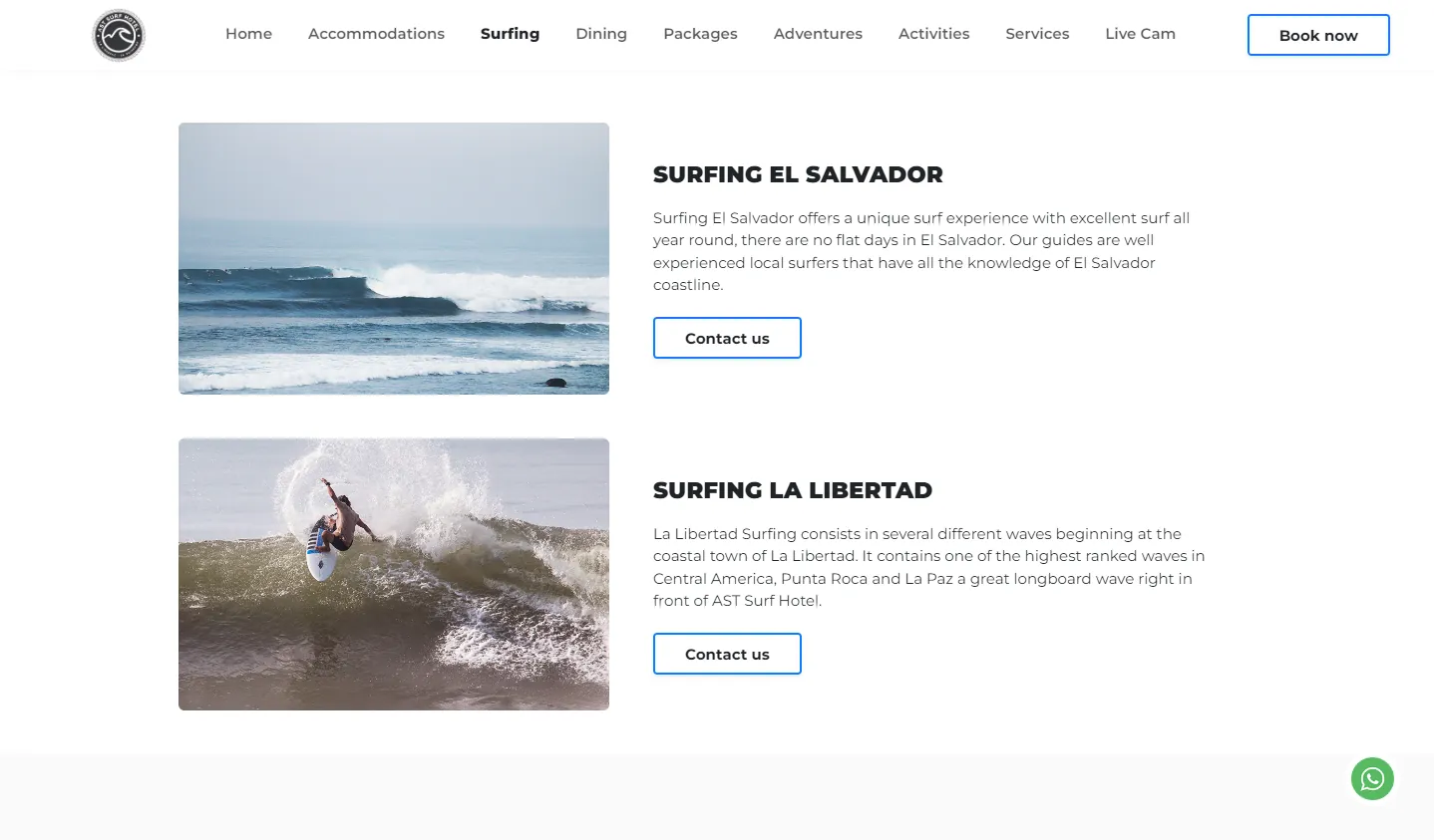 AST Surf Resort: una página de surf que describe las olas cercanas, con una foto de una ola y un surfista