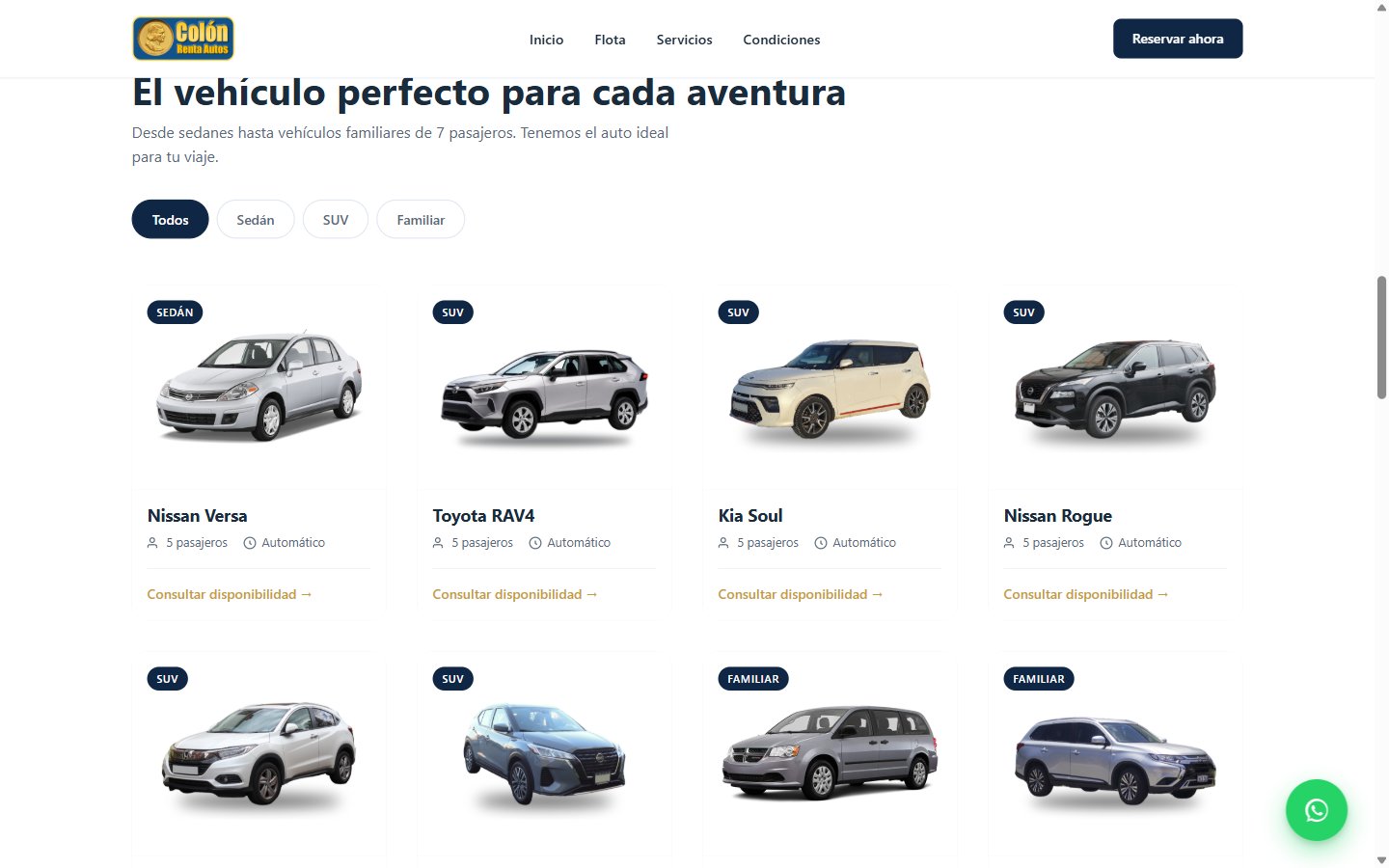 Colón Renta Autos: la sección de flota con filtros por categoría y tarjetas de vehículos