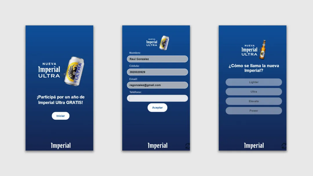 Imperial Ultra: tres pantallas de la app de trivia, desde la pantalla de inicio hasta una pregunta