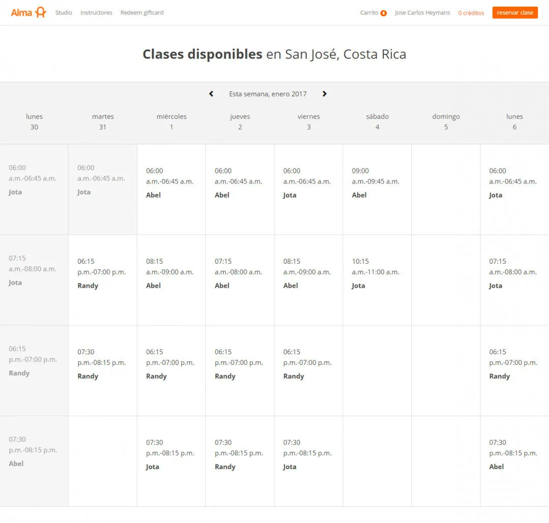 Alma Studio: el horario semanal de clases con los horarios disponibles por instructor