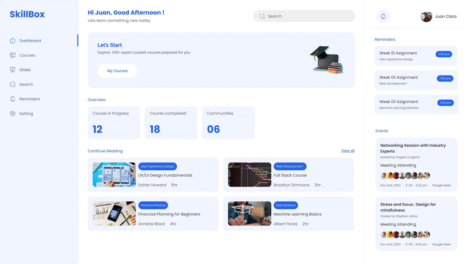 Skillbox: el panel de un estudiante con el progreso de sus cursos y recordatorios