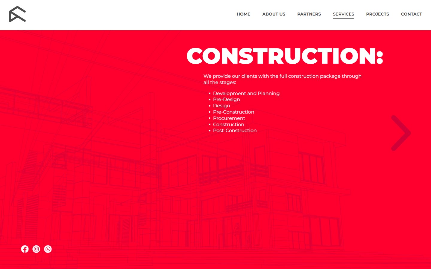 Arena Consultores: la sección de servicios con las etapas de construcción