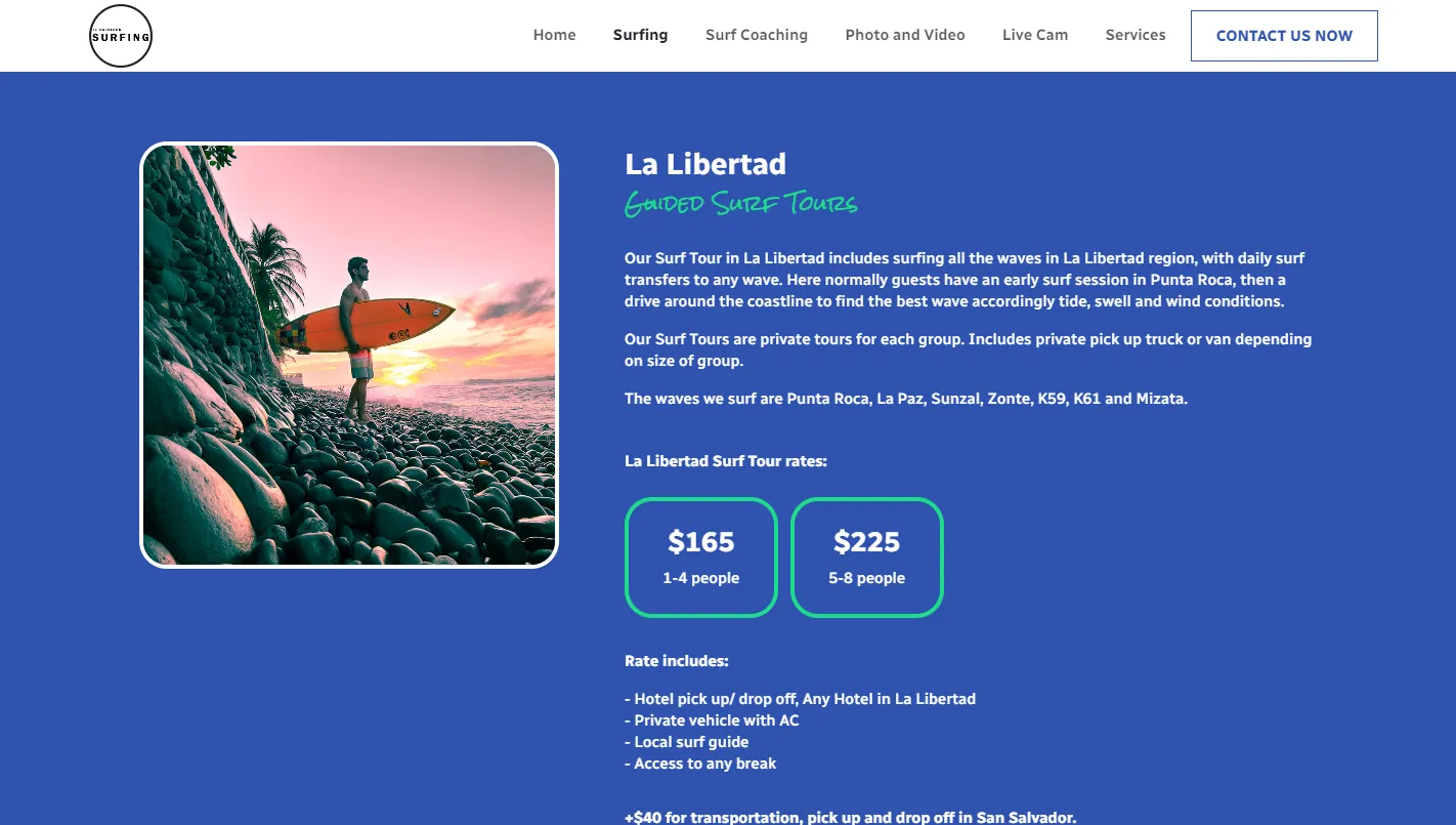 El Salvador Surfing: una página de tour de surf guiado con precios según el tamaño del grupo