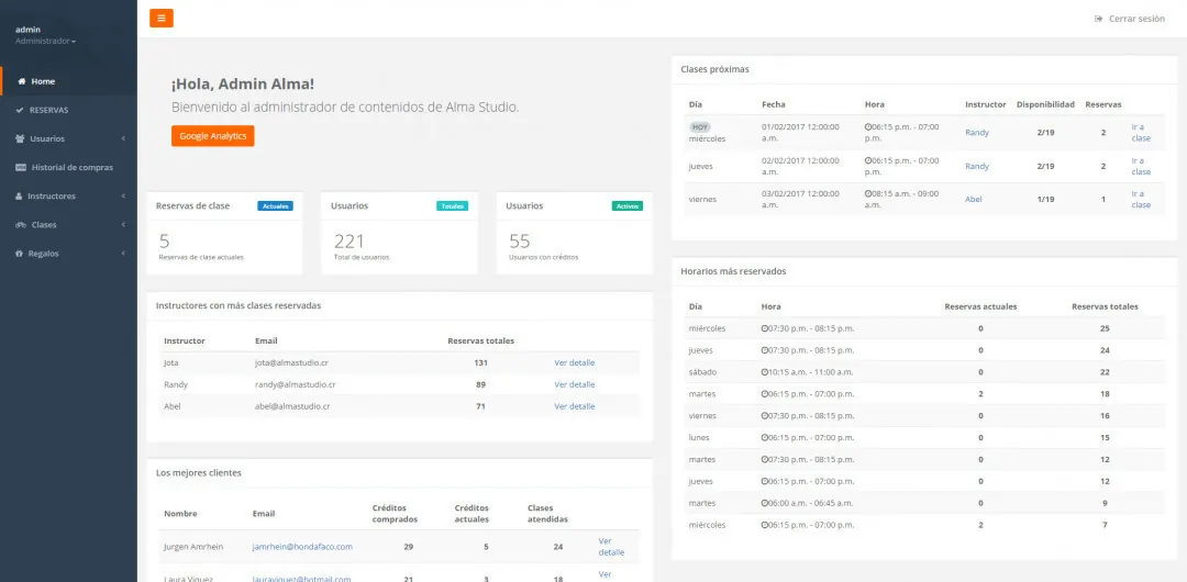 Alma Studio: el panel de administración con reservas de clases, usuarios y estadísticas de instructores